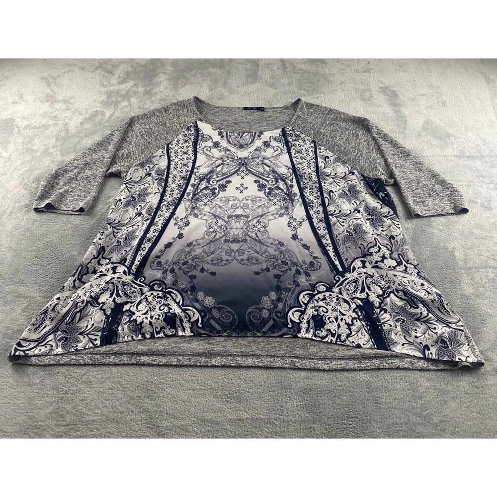 Apt. 9 Womens 2X Mixed Media Paisley Sharkbite Hem Top Grey Blue 3/4 Sleeve